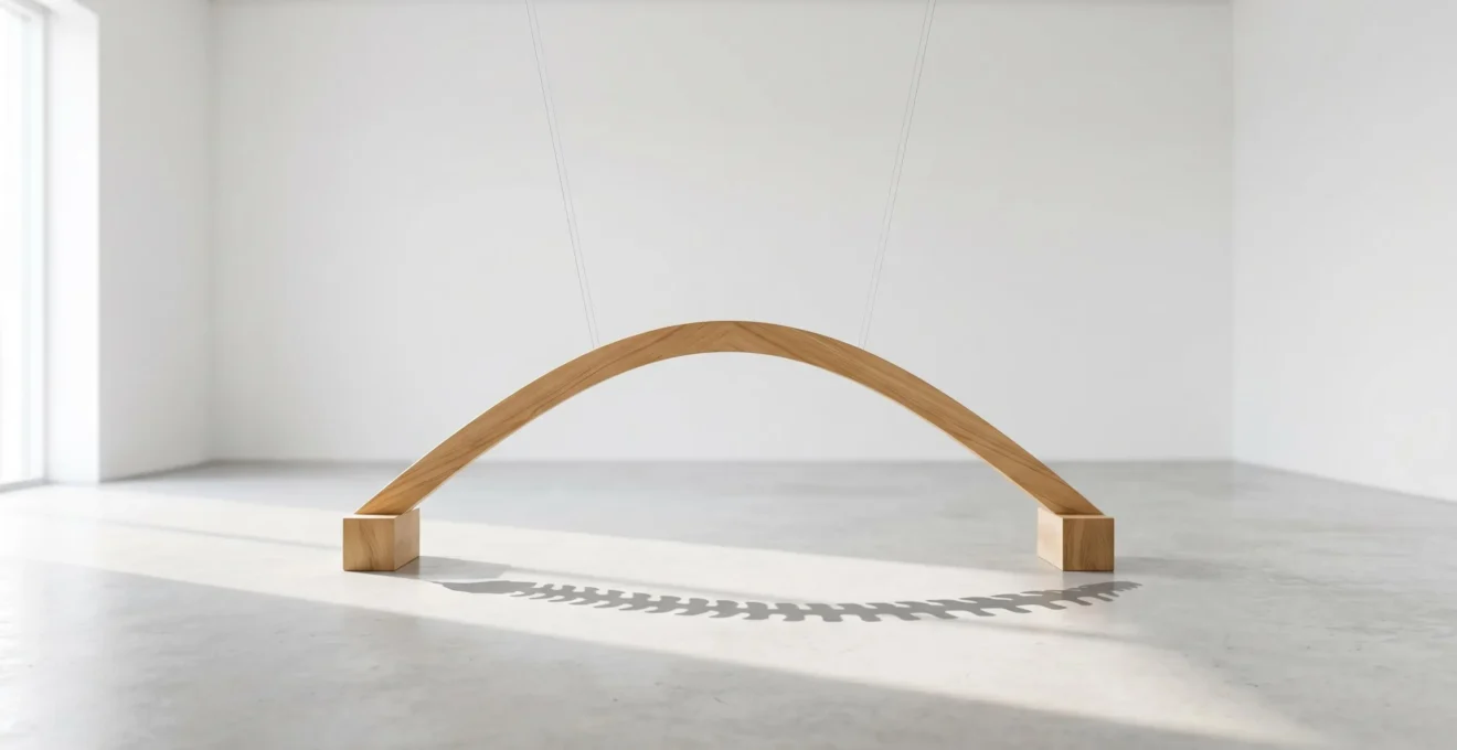 Arche en bois clair suspendue formant une courbe douce dans un espace blanc minimaliste avec ombre portée évoquant une colonne vertébrale