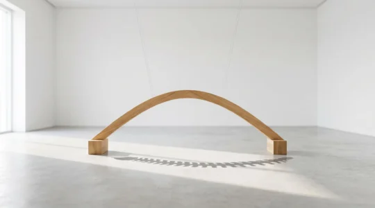 Arche en bois clair suspendue formant une courbe douce dans un espace blanc minimaliste avec ombre portée évoquant une colonne vertébrale